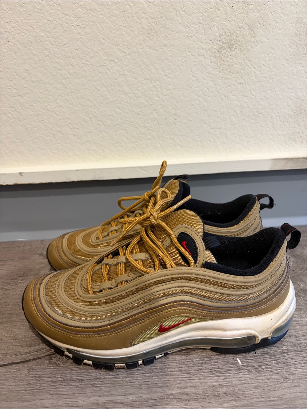 Nike Men’s Air Max 97 in Gold/Tan with Red Swoosh